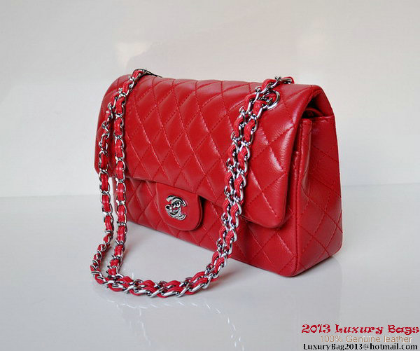 Chanel A01112 Classic Flap Bag Red Sheepskin Silver Chanel A01112 Classic Flap Bag Red Sheepskin Silver