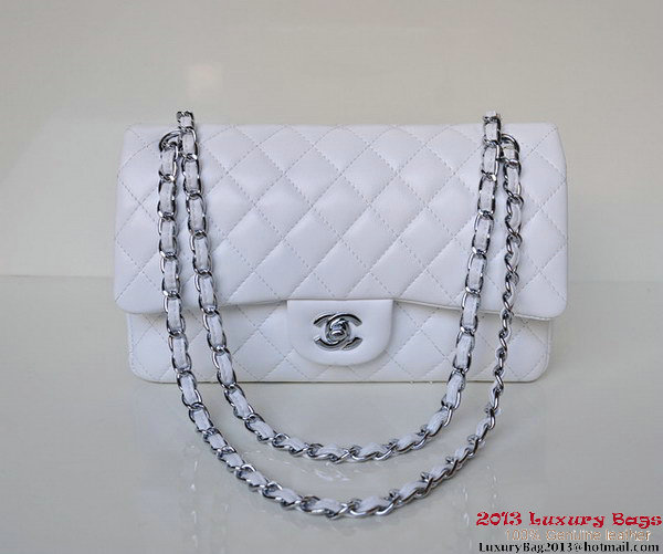 Chanel A01112 Classic Flap Bag White Sheepskin Silver Chanel A01112 Classic Flap Bag White Sheepskin Silver