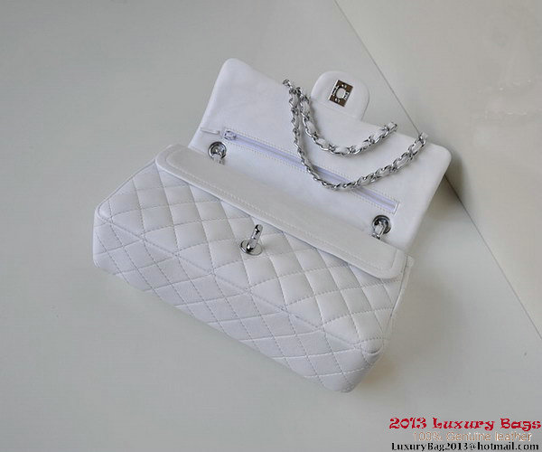 Chanel A01112 Classic Flap Bag White Sheepskin Silver Chanel A01112 Classic Flap Bag White Sheepskin Silver