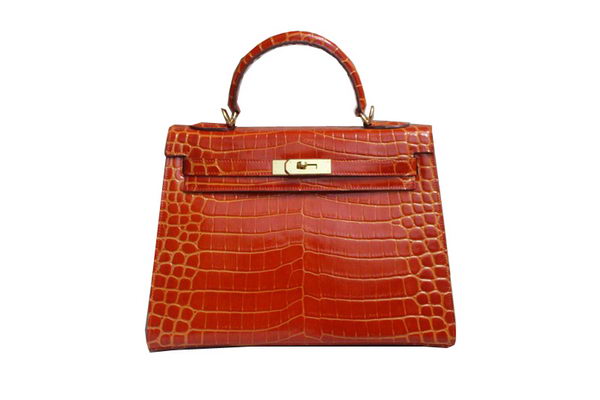 Hermes Kelly 32cm Shoulder Bag Orange Croco Patent Leather K32 Gold