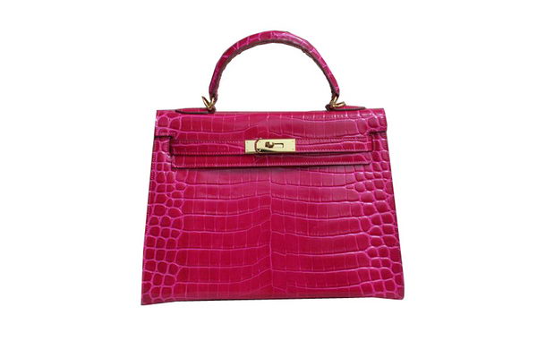 Hermes Kelly 32cm Shoulder Bag Rose Croco Patent Leather K32 Gold
