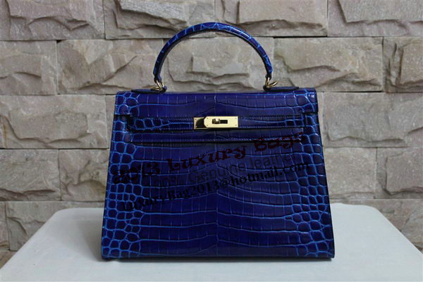 Hermes Kelly 32cm Shoulder Bag Blue Croco Patent Leather K32 Silver Hermes Kelly 32cm Shoulder Bag Blue Croco Patent Leather K32 Silver
