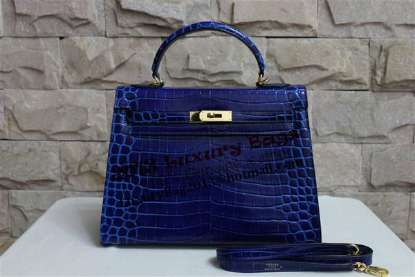 Hermes Kelly 32cm Shoulder Bag Blue Croco Patent Leather K32 Silver Hermes Kelly 32cm Shoulder Bag Blue Croco Patent Leather K32 Silver