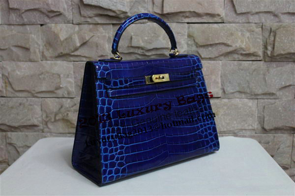 Hermes Kelly 32cm Shoulder Bag Blue Croco Patent Leather K32 Silver Hermes Kelly 32cm Shoulder Bag Blue Croco Patent Leather K32 Silver