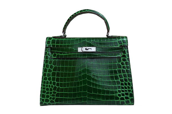 Hermes Kelly 32cm Shoulder Bag Green Croco Patent Leather K32 Silver
