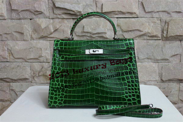 Hermes Kelly 32cm Shoulder Bag Green Croco Patent Leather K32 Silver Hermes Kelly 32cm Shoulder Bag Green Croco Patent Leather K32 Silver