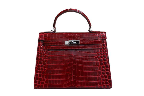 Hermes Kelly 32cm Shoulder Bag Red Croco Patent Leather K32 Silver