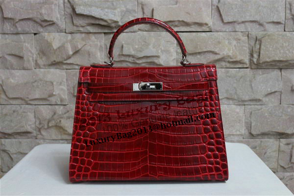 Hermes Kelly 32cm Shoulder Bag Red Croco Patent Leather K32 Silver Hermes Kelly 32cm Shoulder Bag Red Croco Patent Leather K32 Silver