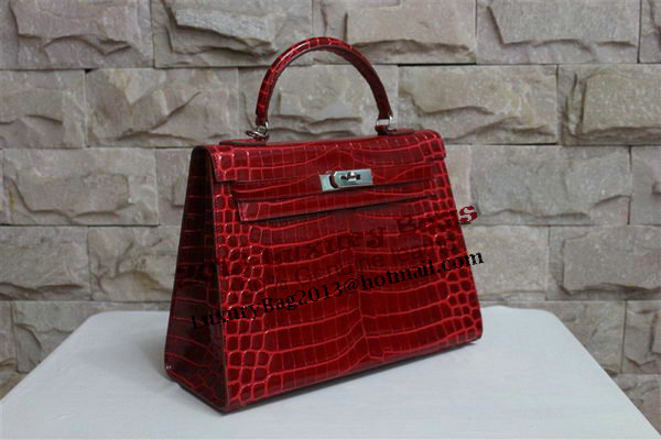 Hermes Kelly 32cm Shoulder Bag Red Croco Patent Leather K32 Silver Hermes Kelly 32cm Shoulder Bag Red Croco Patent Leather K32 Silver