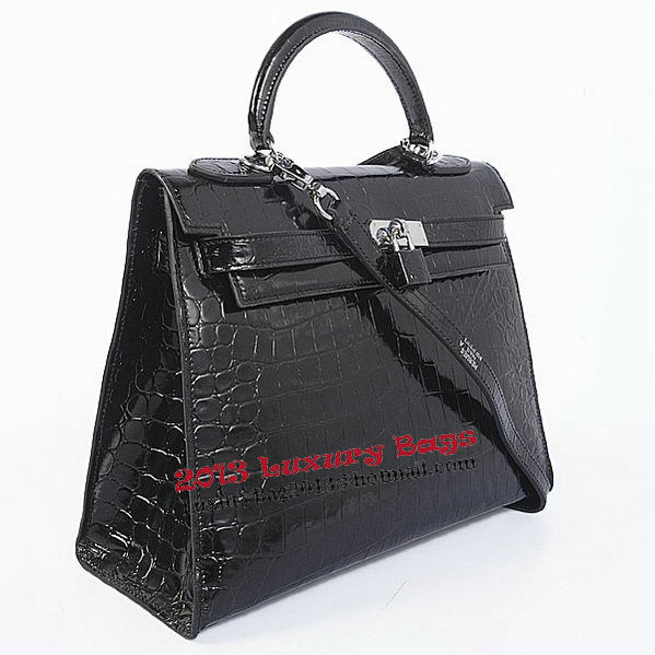 Hermes Kelly 32cm Shoulder Bags Black Iridescent Croco Leather Silver Hermes Kelly 32cm Shoulder Bags Black Iridescent Croco Leather Silver
