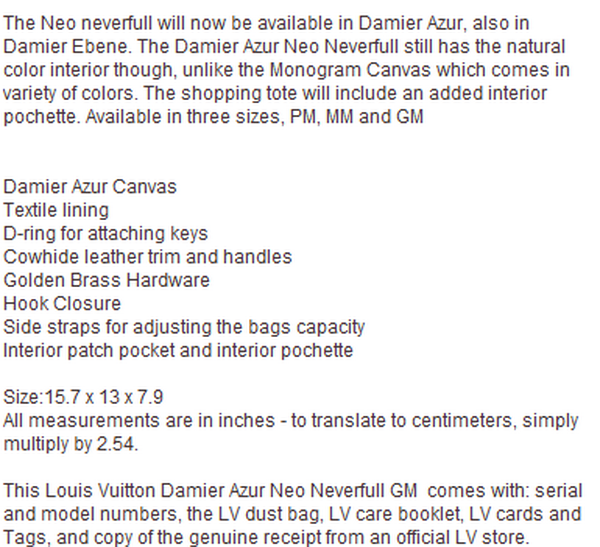 Louis Vuitton N41360 Damier Azur Neo Neverfull GM Bag Louis Vuitton N41360 Damier Azur Neo Neverfull GM Bag