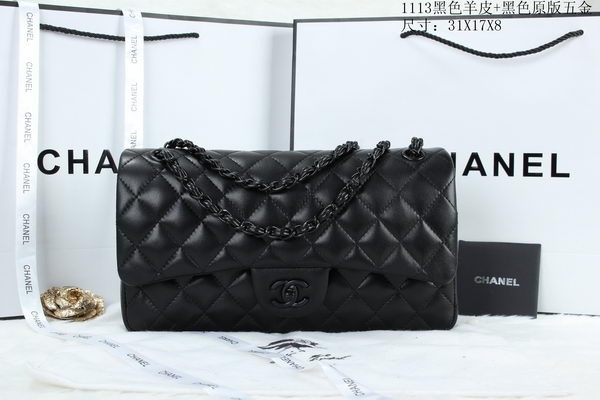 Chanel Classic Flap Bag Sheepskin Leather A1113 Black