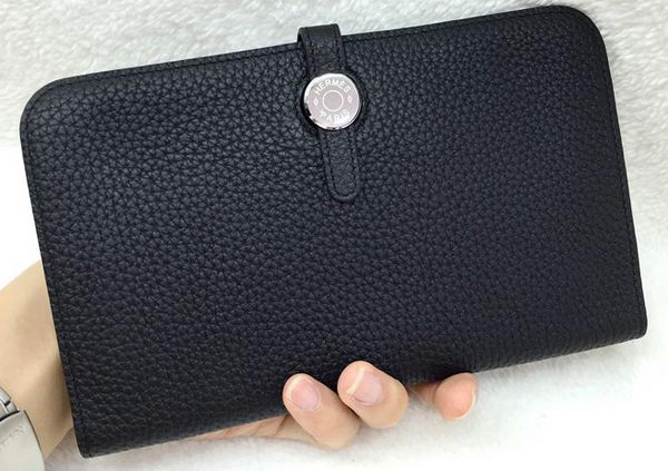 Hermes Dogon Combined Wallet Litchi Leather A508 Black
