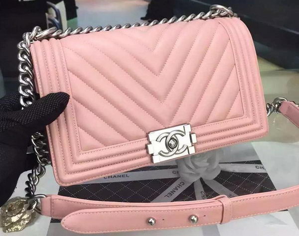 Boy Chanel Flap Bag Original Chevron Pink Nubuck Leather A5708 Silver