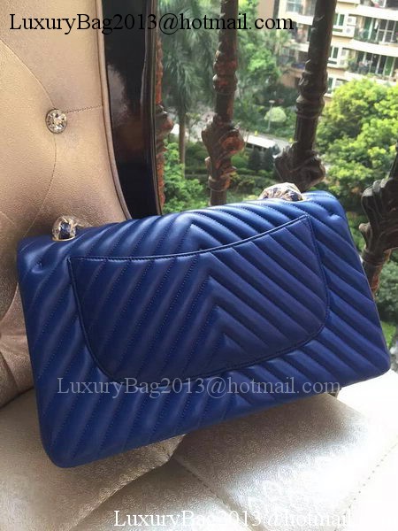 Chanel Classic Flap Bag Blue Sheepskin Chevron Quilting A1113 Gold Chanel Classic Flap Bag Blue Sheepskin Chevron Quilting A1113 Gold