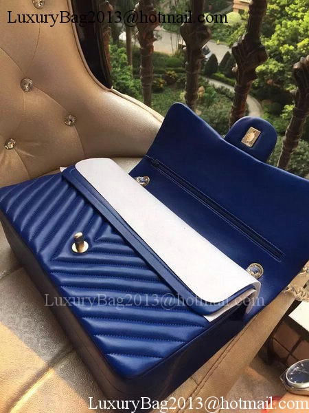 Chanel Classic Flap Bag Blue Sheepskin Chevron Quilting A1113 Gold Chanel Classic Flap Bag Blue Sheepskin Chevron Quilting A1113 Gold