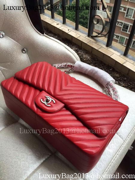 Chanel Classic Flap Bag Red Sheepskin Chevron Quilting A1113 Silver Chanel Classic Flap Bag Red Sheepskin Chevron Quilting A1113 Silver