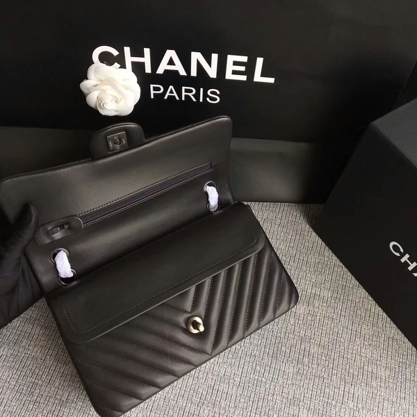 Chanel Flap Shoulder Bags Black Original Sheepskin CF1112 Silver Chanel Flap Shoulder Bags Black Original Sheepskin CF1112 Silver
