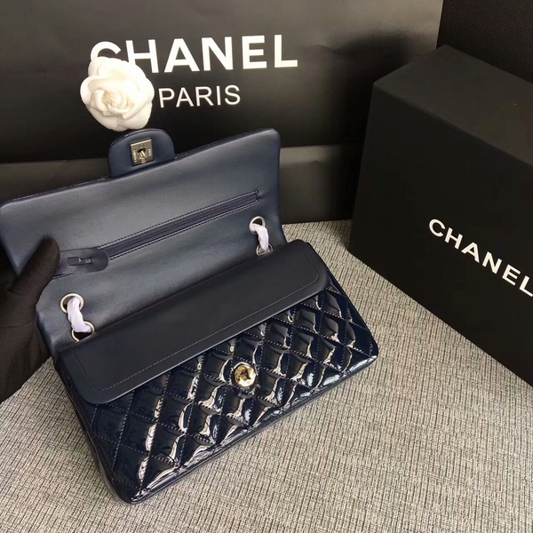 Chanel Flap Shoulder Bags Dark Blue Original Patent Leather CF1112 Silver Chanel Flap Shoulder Bags Dark Blue Original Patent Leather CF1112 Silver