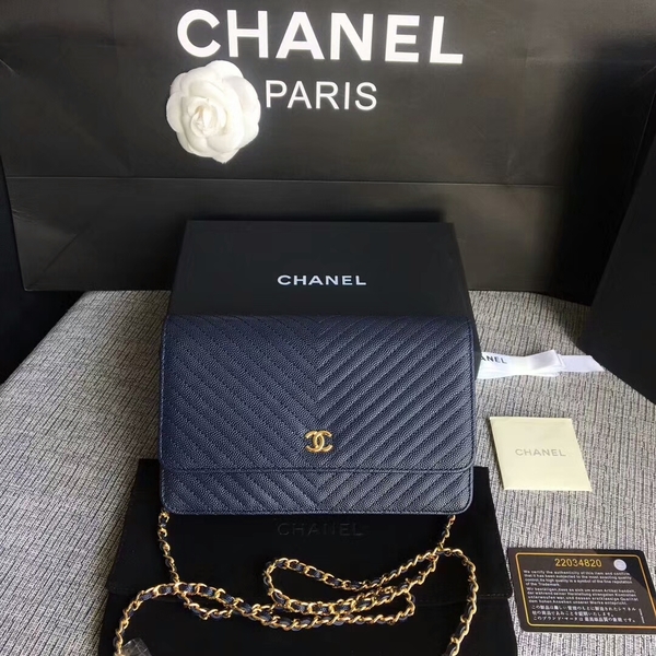 Chanel WOC Flap Shoulder Bag Dark Blue Calfskin Leather A33814 Gold Chanel WOC Flap Shoulder Bag Dark Blue Calfskin Leather A33814 Gold