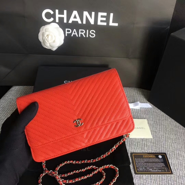 Chanel WOC Flap Shoulder Bag Red Calfskin Leather A33814 Silver Chanel WOC Flap Shoulder Bag Red Calfskin Leather A33814 Silver