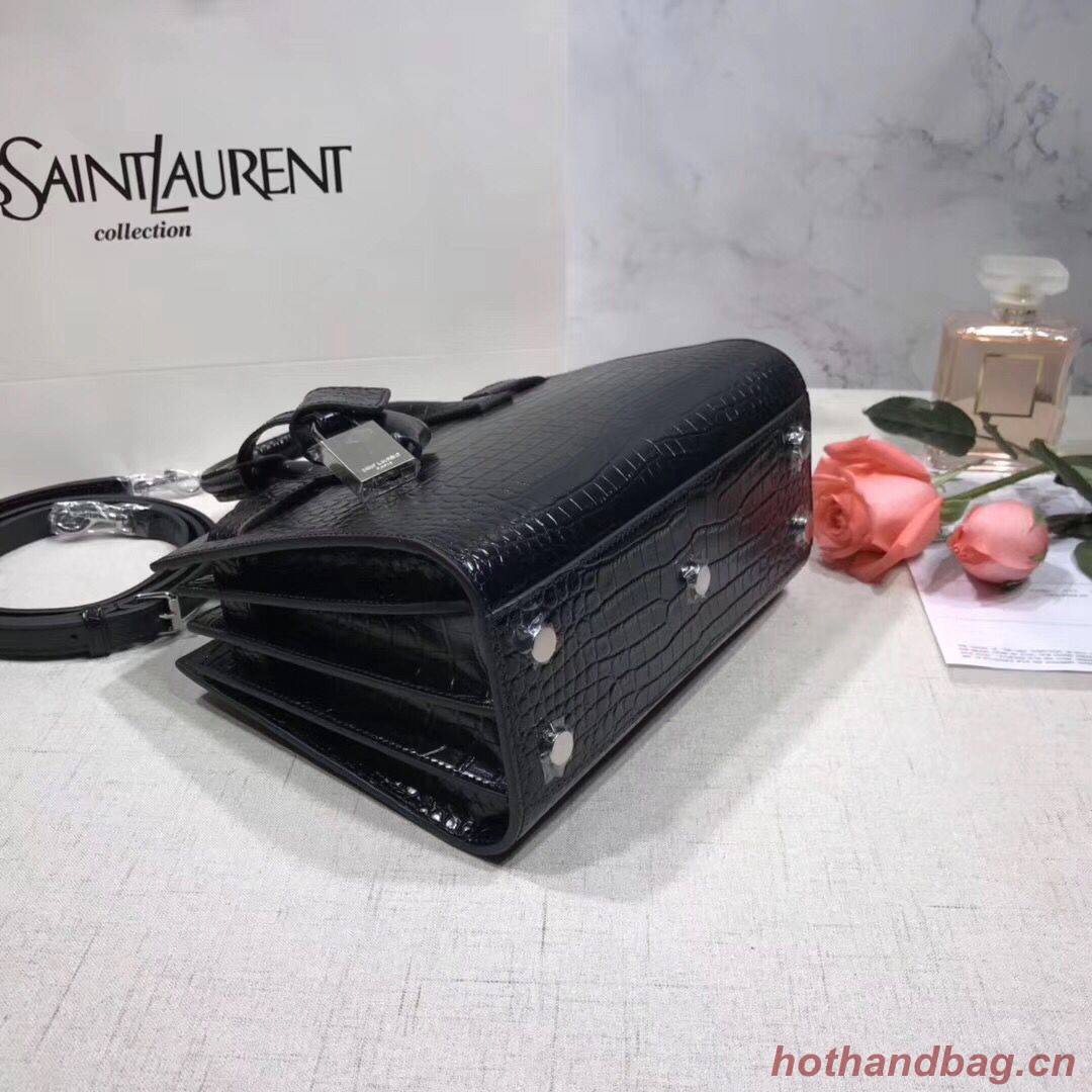 SAINT LAURENT Crocodile-Embossed Leather Organ Bag 392035 Black SAINT LAURENT Crocodile-Embossed Leather Organ Bag 392035 Black