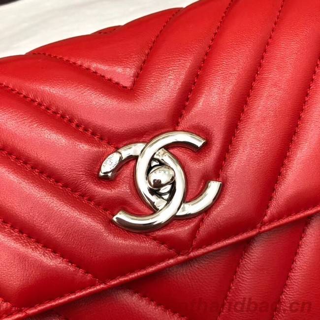 Chanel CC original lambskin top handle flap bag V92236 red&silver-Tone Metal
