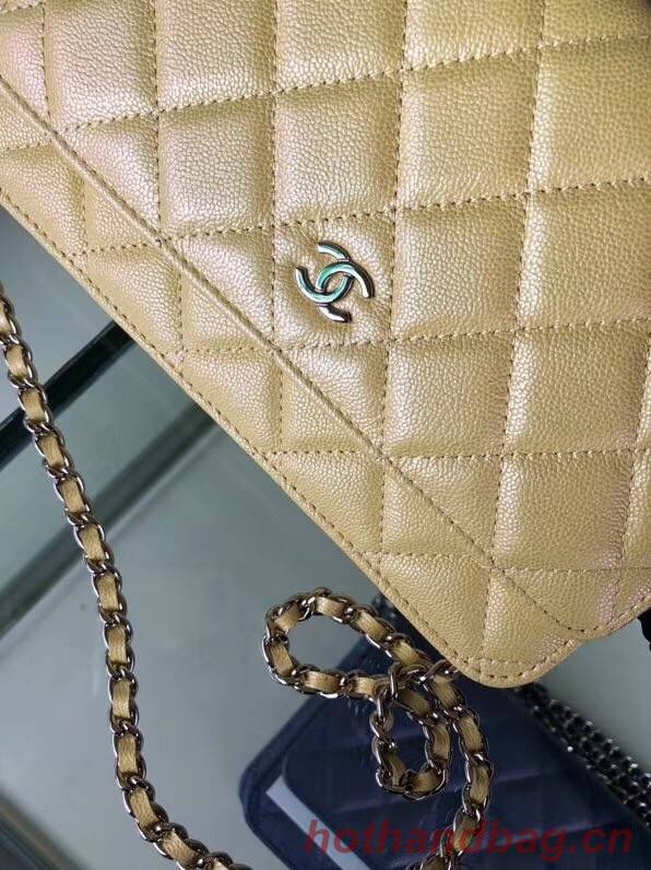 Chanel classic wallet on chain Grained Calfskin & Silver-Tone Metal 33814 Pearlescent apricot