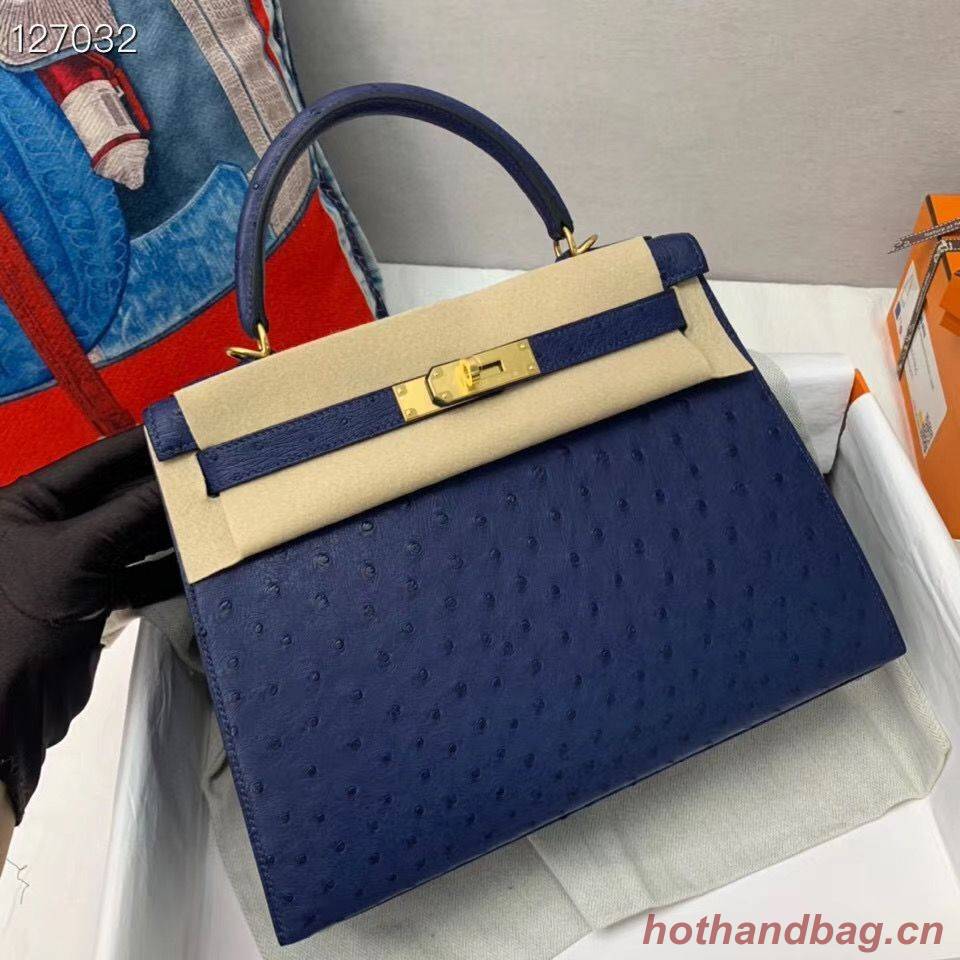 Hermes Kelly Bag Original Leather Ostrich Skin H5600 Dark Blue