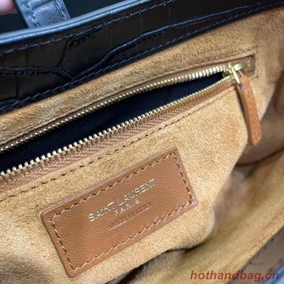 YSL LE 5 A 7 HOBO BAG IN CROCODILE-EMBOSSED SHINY LEATHER Y687228 black