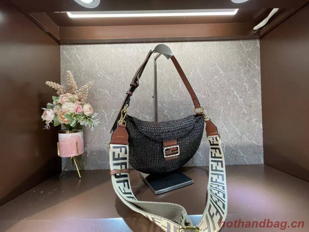 FENDI SMALL CROISSANT Woven straw bag 8BR790AFG black FENDI SMALL CROISSANT Woven straw bag 8BR790AFG black