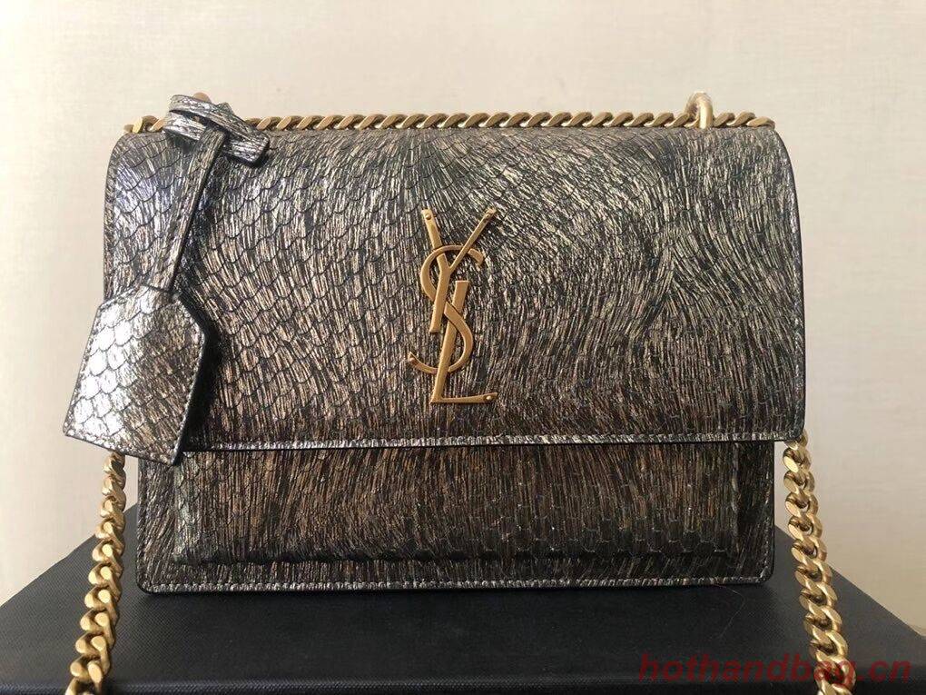 Yves Saint Laurent SUNSET SMALL CHAIN BAG IN SHINY SCALE-EMBOSSED LEATHER Y544296 grey Yves Saint Laurent SUNSET SMALL CHAIN BAG IN SHINY SCALE-EMBOSSED LEATHER Y544296 grey