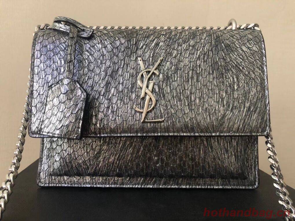 Yves Saint Laurent SUNSET SMALL CHAIN BAG IN SHINY SCALE-EMBOSSED LEATHER Y544296 silver Yves Saint Laurent SUNSET SMALL CHAIN BAG IN SHINY SCALE-EMBOSSED LEATHER Y544296 silver