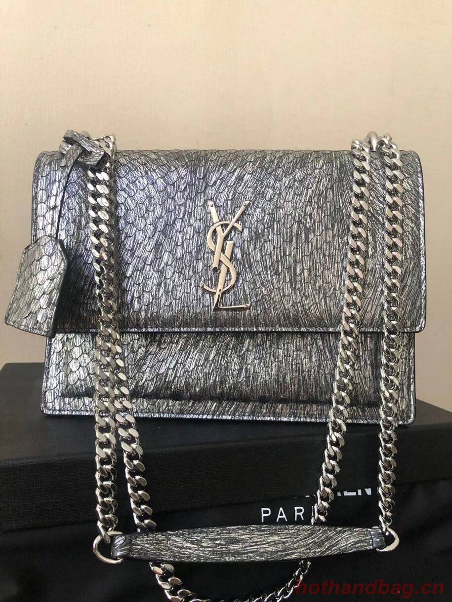 Yves Saint Laurent SUNSET SMALL CHAIN BAG IN SHINY SCALE-EMBOSSED LEATHER Y544296 silver Yves Saint Laurent SUNSET SMALL CHAIN BAG IN SHINY SCALE-EMBOSSED LEATHER Y544296 silver