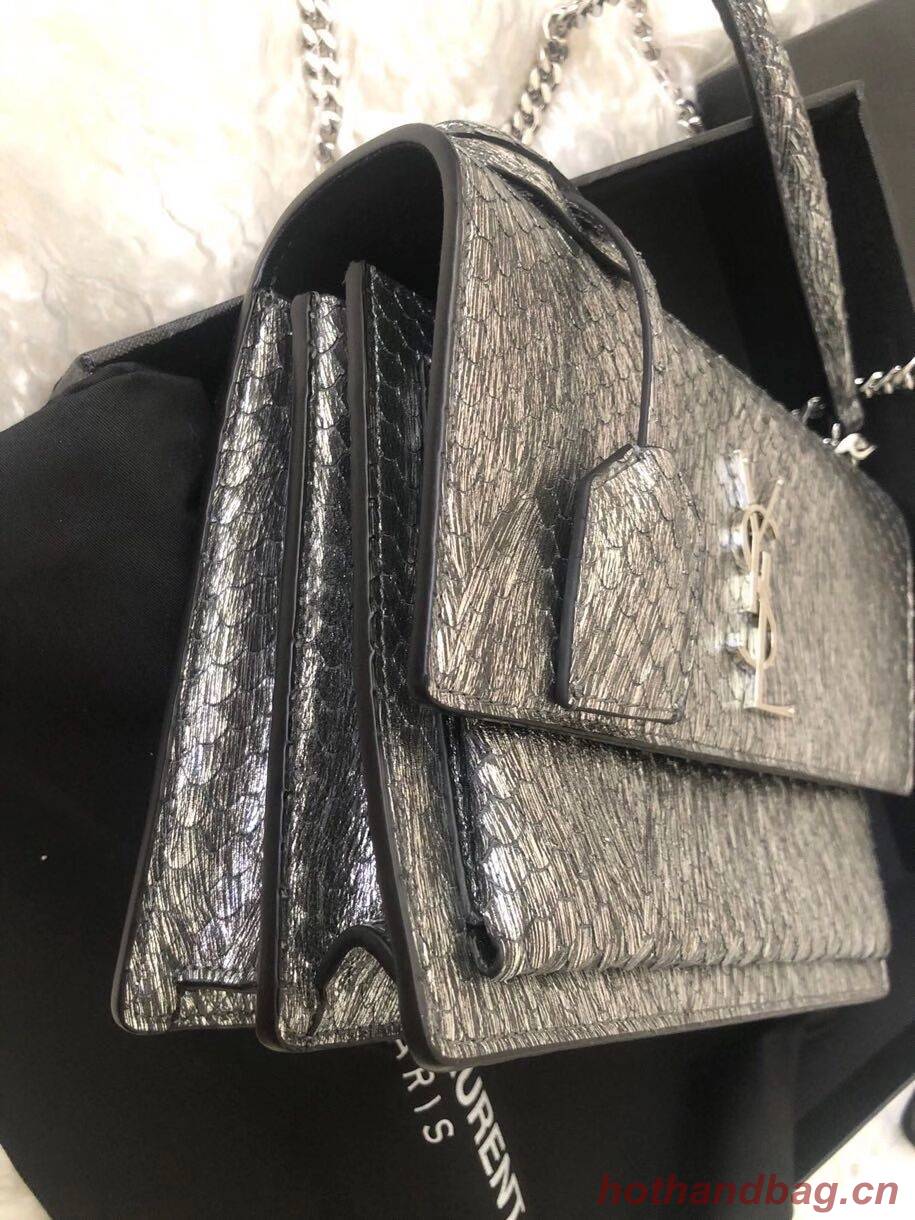 Yves Saint Laurent SUNSET SMALL CHAIN BAG IN SHINY SCALE-EMBOSSED LEATHER Y544296 silver Yves Saint Laurent SUNSET SMALL CHAIN BAG IN SHINY SCALE-EMBOSSED LEATHER Y544296 silver