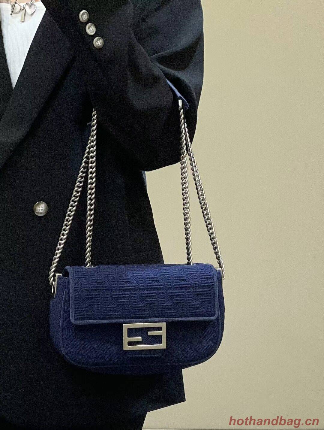 FENDI MIDI BAGUETTE CHAIN FF fabric bag 8BR793 dark blue FENDI MIDI BAGUETTE CHAIN FF fabric bag 8BR793 dark blue