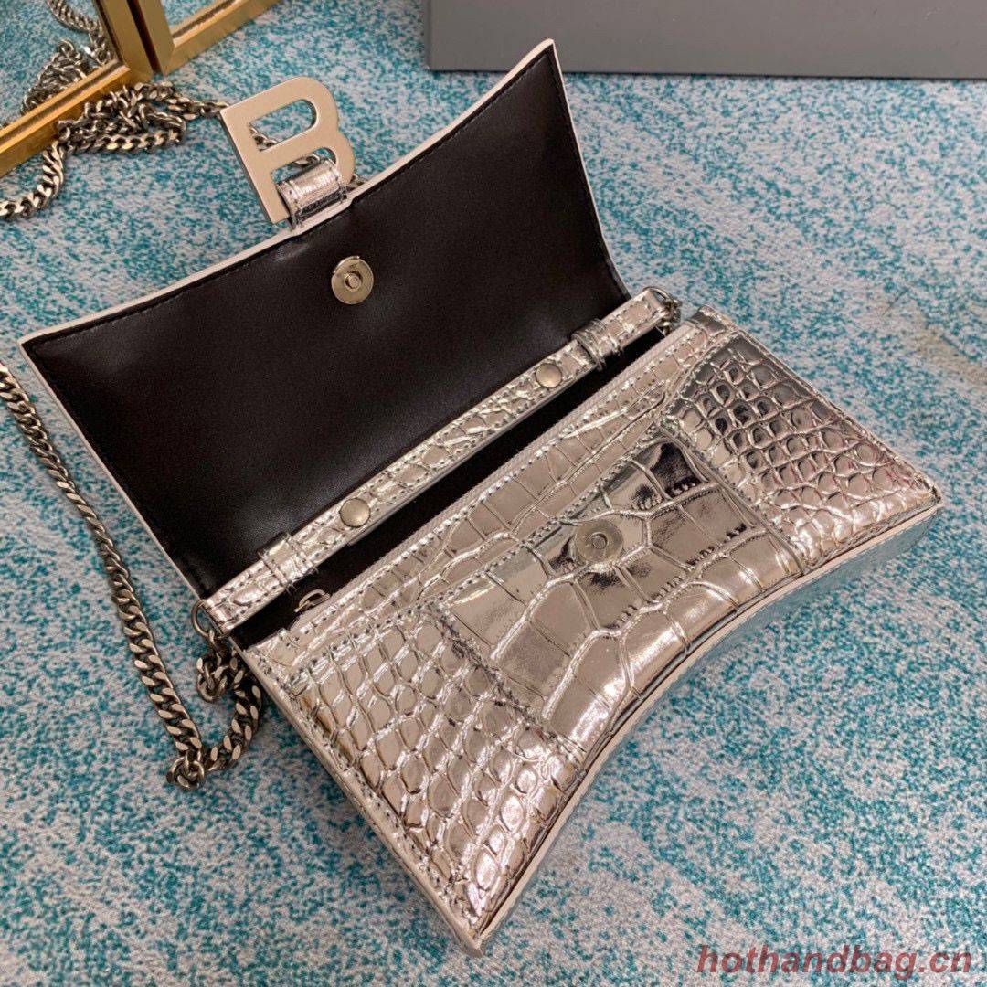 Balenciaga HOURGLASS Wallet With Chain Crocodile Embossed 656050 Silver Balenciaga HOURGLASS Wallet With Chain Crocodile Embossed 656050 Silver