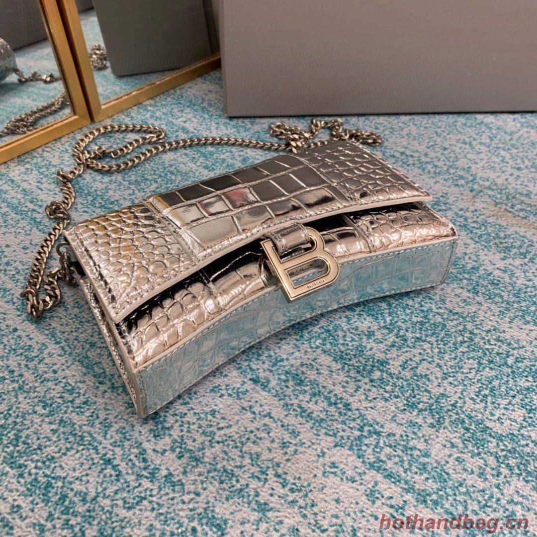Balenciaga HOURGLASS Wallet With Chain Crocodile Embossed 656050 Silver Balenciaga HOURGLASS Wallet With Chain Crocodile Embossed 656050 Silver