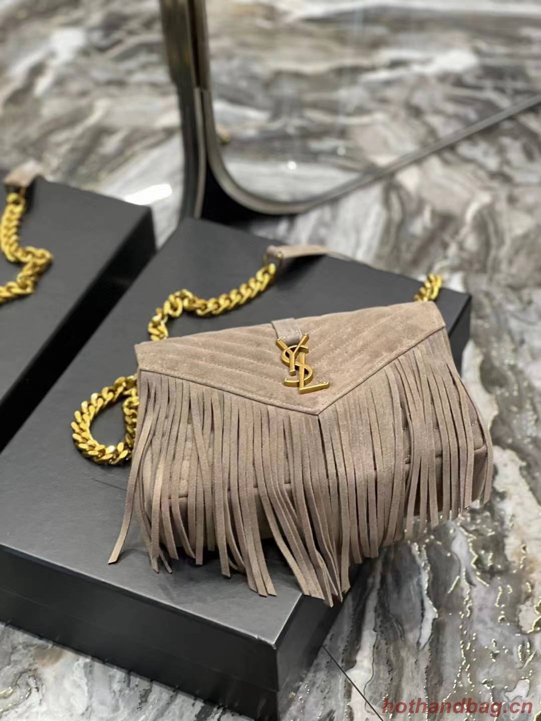SAINT LAURENT COLLEGE MEDIUM CHAIN BAG IN LIGHT SUEDE WITH FRINGES 5317050 DUSTY GREY SAINT LAURENT COLLEGE MEDIUM CHAIN BAG IN LIGHT SUEDE WITH FRINGES 5317050 DUSTY GREY