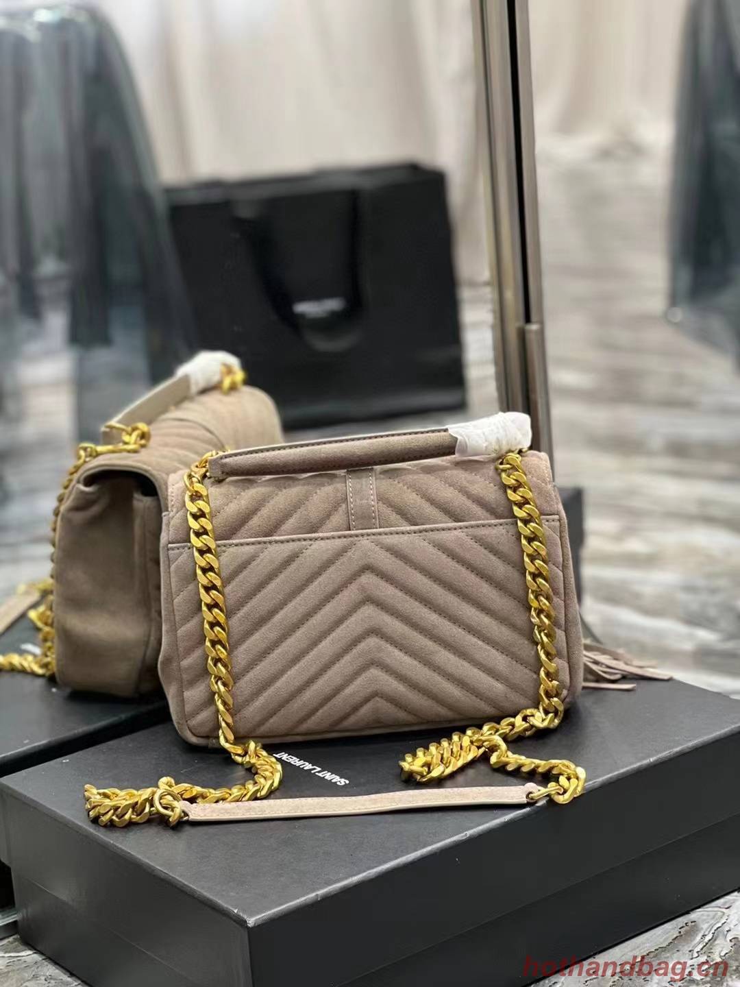 SAINT LAURENT COLLEGE MEDIUM CHAIN BAG IN LIGHT SUEDE WITH FRINGES 5317050 DUSTY GREY SAINT LAURENT COLLEGE MEDIUM CHAIN BAG IN LIGHT SUEDE WITH FRINGES 5317050 DUSTY GREY