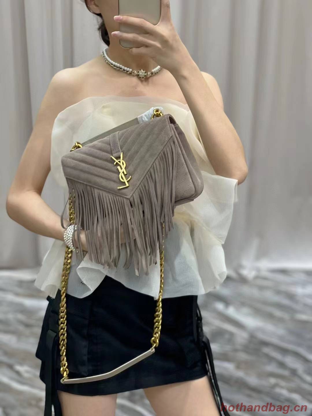 SAINT LAURENT COLLEGE MEDIUM CHAIN BAG IN LIGHT SUEDE WITH FRINGES 5317050 DUSTY GREY SAINT LAURENT COLLEGE MEDIUM CHAIN BAG IN LIGHT SUEDE WITH FRINGES 5317050 DUSTY GREY