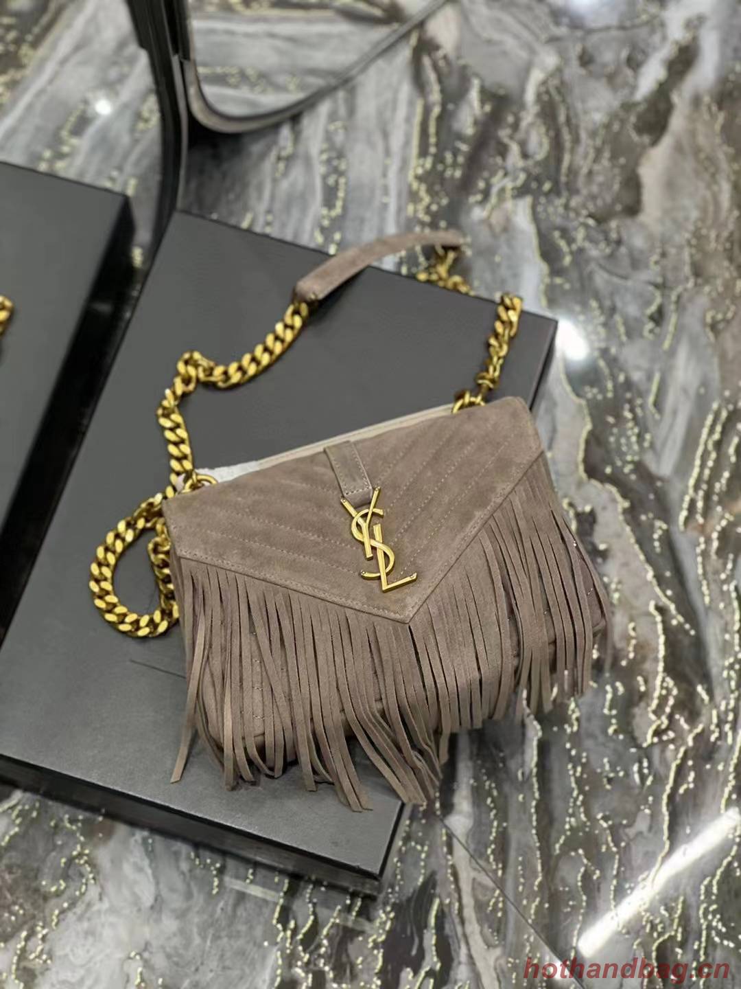SAINT LAURENT COLLEGE MEDIUM CHAIN BAG IN LIGHT SUEDE WITH FRINGES 5317050 DUSTY GREY SAINT LAURENT COLLEGE MEDIUM CHAIN BAG IN LIGHT SUEDE WITH FRINGES 5317050 DUSTY GREY