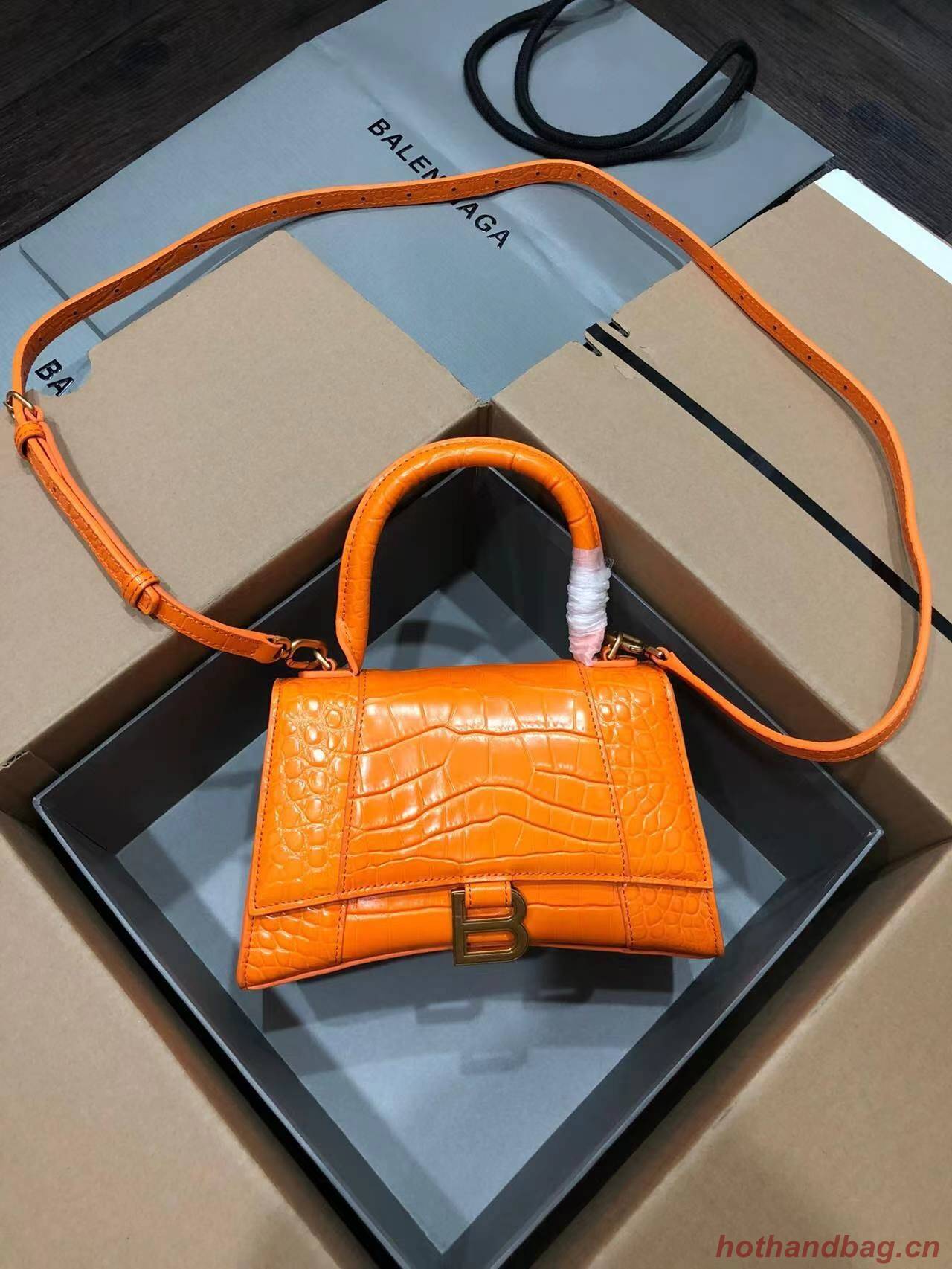 Balenciaga HOURGLASS SMALL TOP HANDLE BAG crocodile embossed calfskin B108895C Orange Balenciaga HOURGLASS SMALL TOP HANDLE BAG crocodile embossed calfskin B108895C Orange