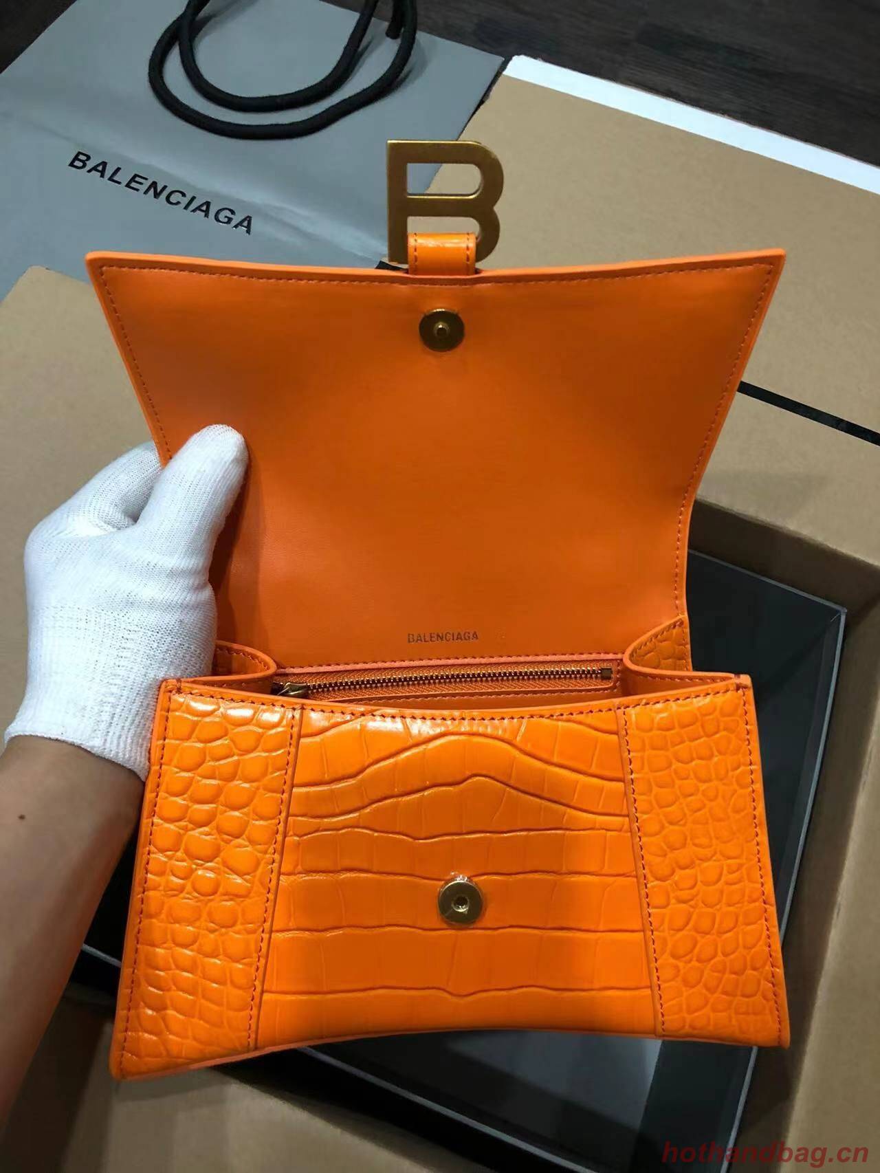 Balenciaga HOURGLASS SMALL TOP HANDLE BAG crocodile embossed calfskin B108895C Orange Balenciaga HOURGLASS SMALL TOP HANDLE BAG crocodile embossed calfskin B108895C Orange