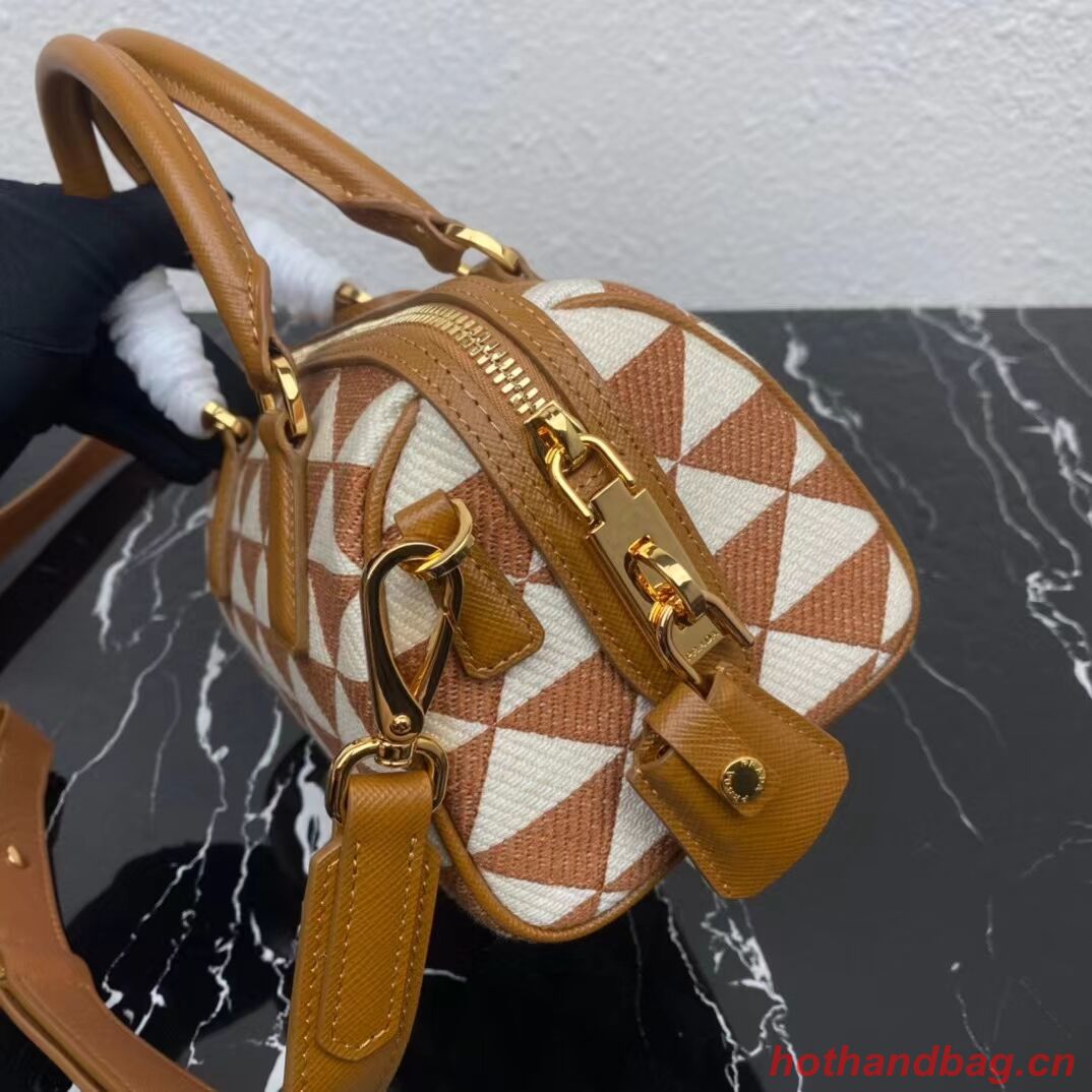 Prada Symbole embroidered jacquard fabric top-handle bag 1BB846 white&brown Prada Symbole embroidered jacquard fabric top-handle bag 1BB846 white&brown