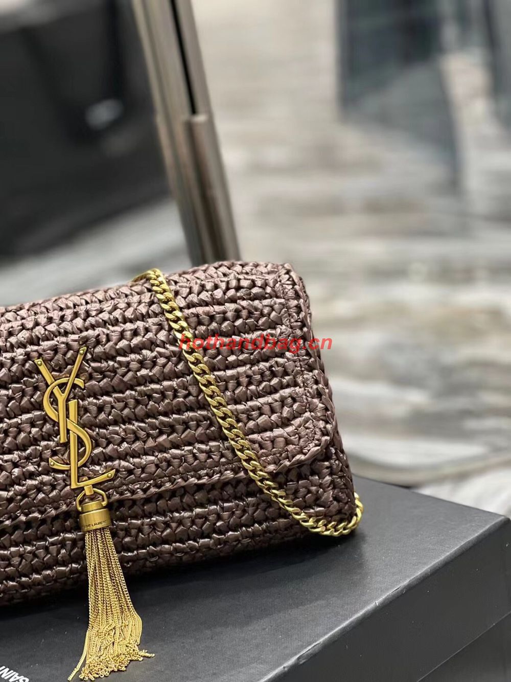 SAINT LAUREN KATE 99 CHAIN BAG WITH TASSEL IN RAFFIA Y664276 Coffee SAINT LAUREN KATE 99 CHAIN BAG WITH TASSEL IN RAFFIA Y664276 Coffee
