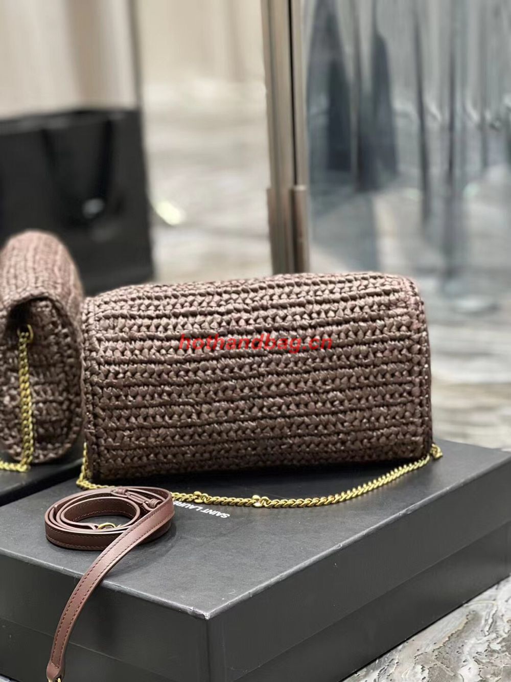 SAINT LAUREN KATE 99 CHAIN BAG WITH TASSEL IN RAFFIA Y664276 Coffee SAINT LAUREN KATE 99 CHAIN BAG WITH TASSEL IN RAFFIA Y664276 Coffee