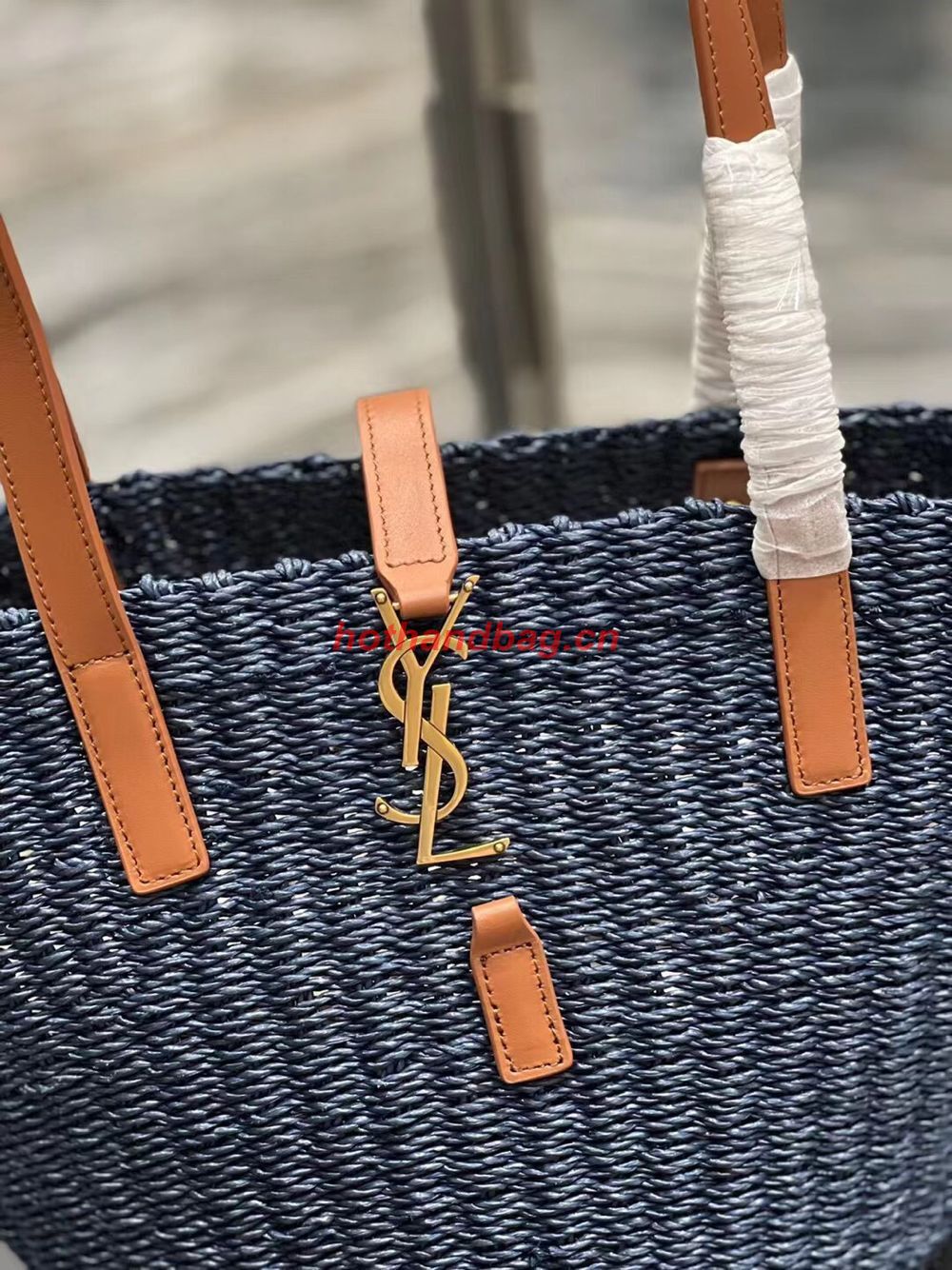 SAINT LAUREN PANIER SMALL BAG IN CROCHET RAFFIA AND SMOOTH LEATHER 685618 dark blue SAINT LAUREN PANIER SMALL BAG IN CROCHET RAFFIA AND SMOOTH LEATHER 685618 dark blue