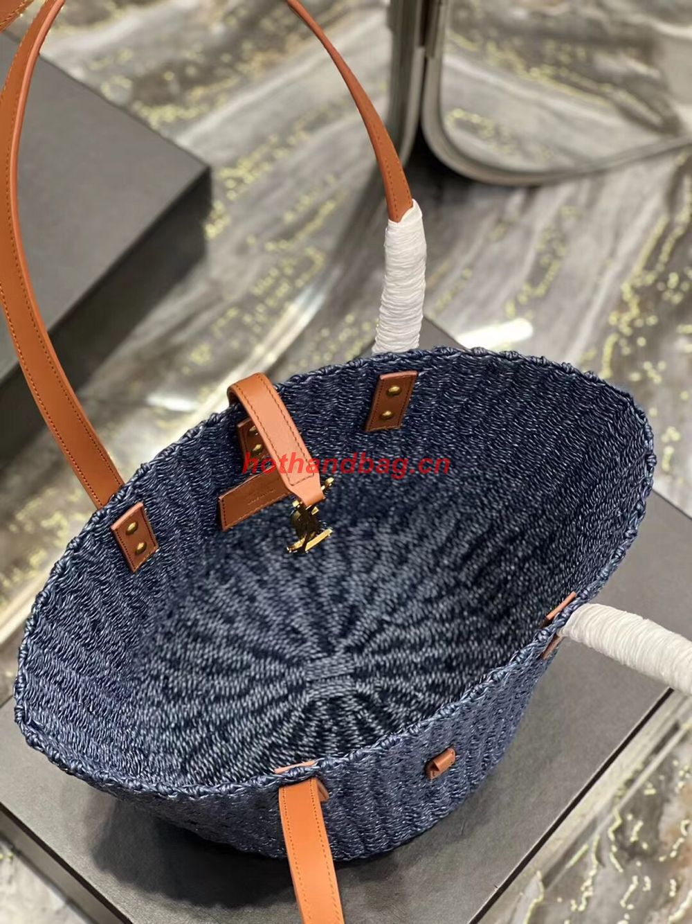 SAINT LAUREN PANIER SMALL BAG IN CROCHET RAFFIA AND SMOOTH LEATHER 685618 dark blue SAINT LAUREN PANIER SMALL BAG IN CROCHET RAFFIA AND SMOOTH LEATHER 685618 dark blue