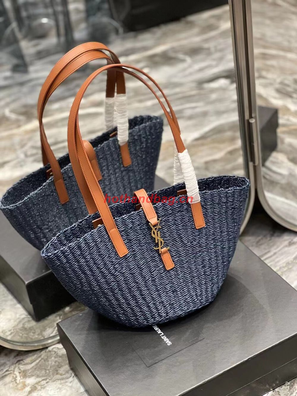 SAINT LAUREN PANIER SMALL BAG IN CROCHET RAFFIA AND SMOOTH LEATHER 685618 dark blue SAINT LAUREN PANIER SMALL BAG IN CROCHET RAFFIA AND SMOOTH LEATHER 685618 dark blue